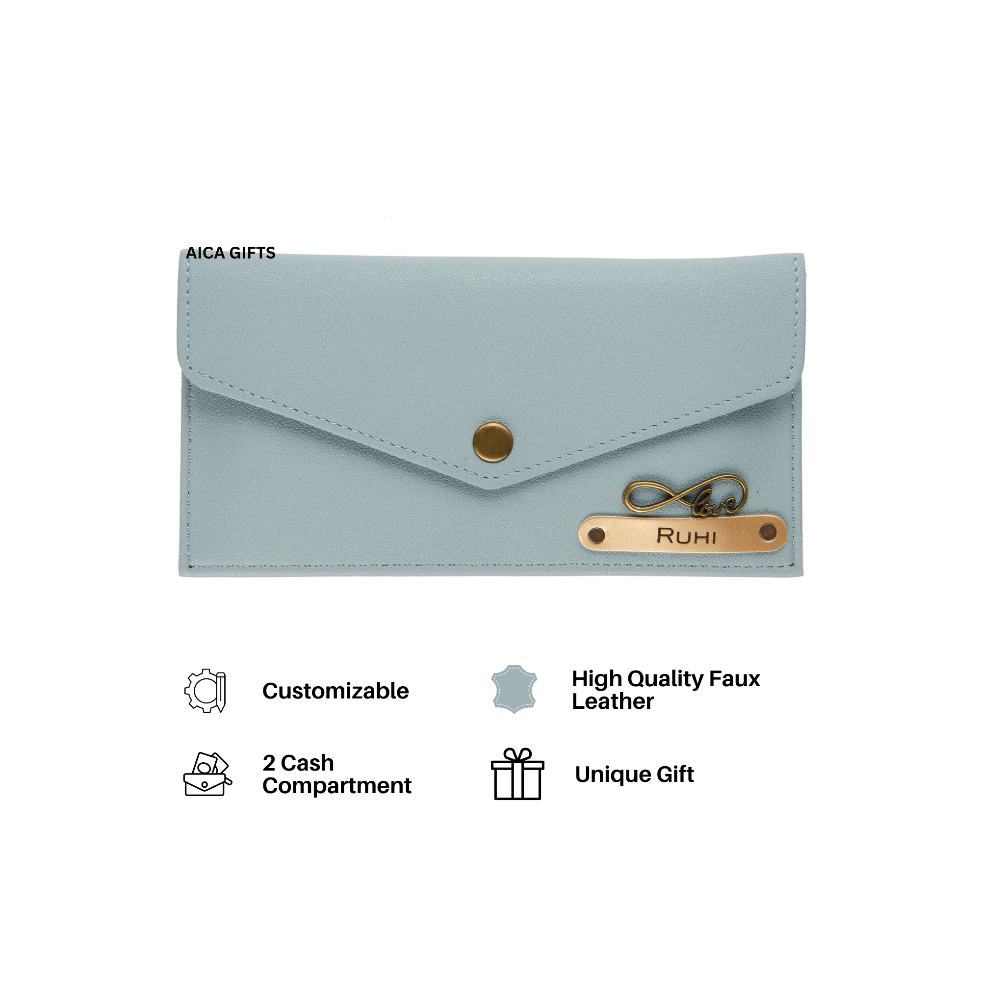 AICA Personalised Name & Charm Leather Wallet Gift for Women (Babyblue) | Womens Day Gift for Ladies Women Wife Girlfriend Mom Sister
