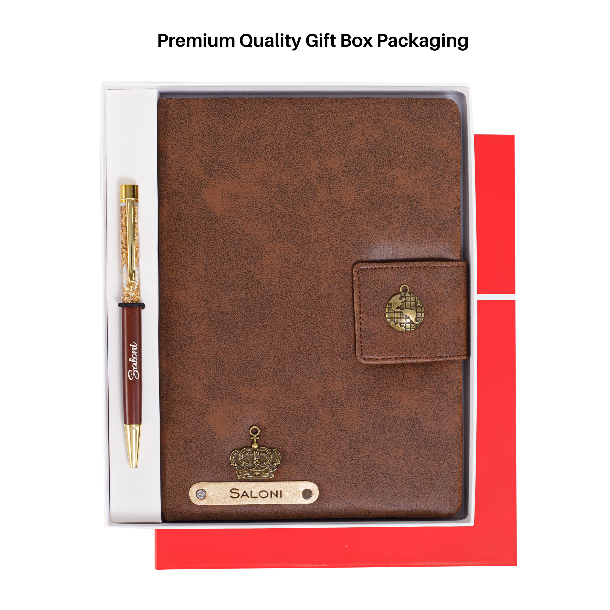 Aica Personalized Magnetic Leather Diary & Golden Pen Combo Gift Set for Men & Women