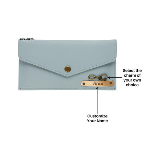 AICA Personalised Name & Charm Leather Wallet Gift for Women (Babyblue) | Womens Day Gift for Ladies Women Wife Girlfriend Mom Sister