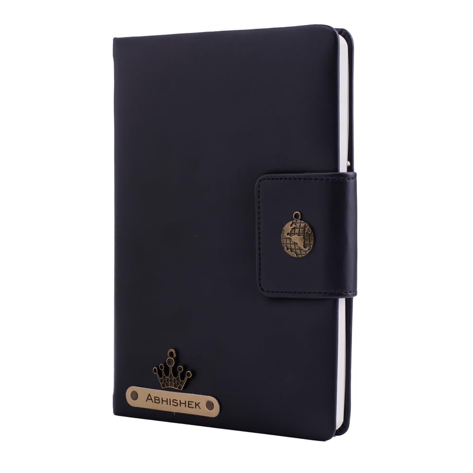 AICA Personalized Name & Charm Leather Notebook Diary -A5 Size, 200 Ruled Pages (Black)|Customized Christmas Secret Santa Daily Journal Diaries Diary Gifts for Men Women Friends Family Office Staff