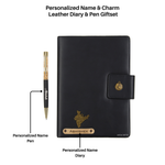 Load image into Gallery viewer, Aica Personalized Name &amp; Charm Notebook Leather Diary - A5 Size, 200 Ruled Pages (Black) &amp; Golden Pen Combo for Men &amp; Women
