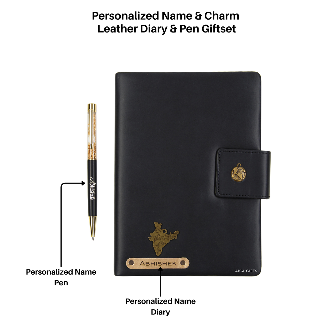 Aica Personalized Name & Charm Notebook Leather Diary - A5 Size, 200 Ruled Pages (Black) & Golden Pen Combo for Men & Women