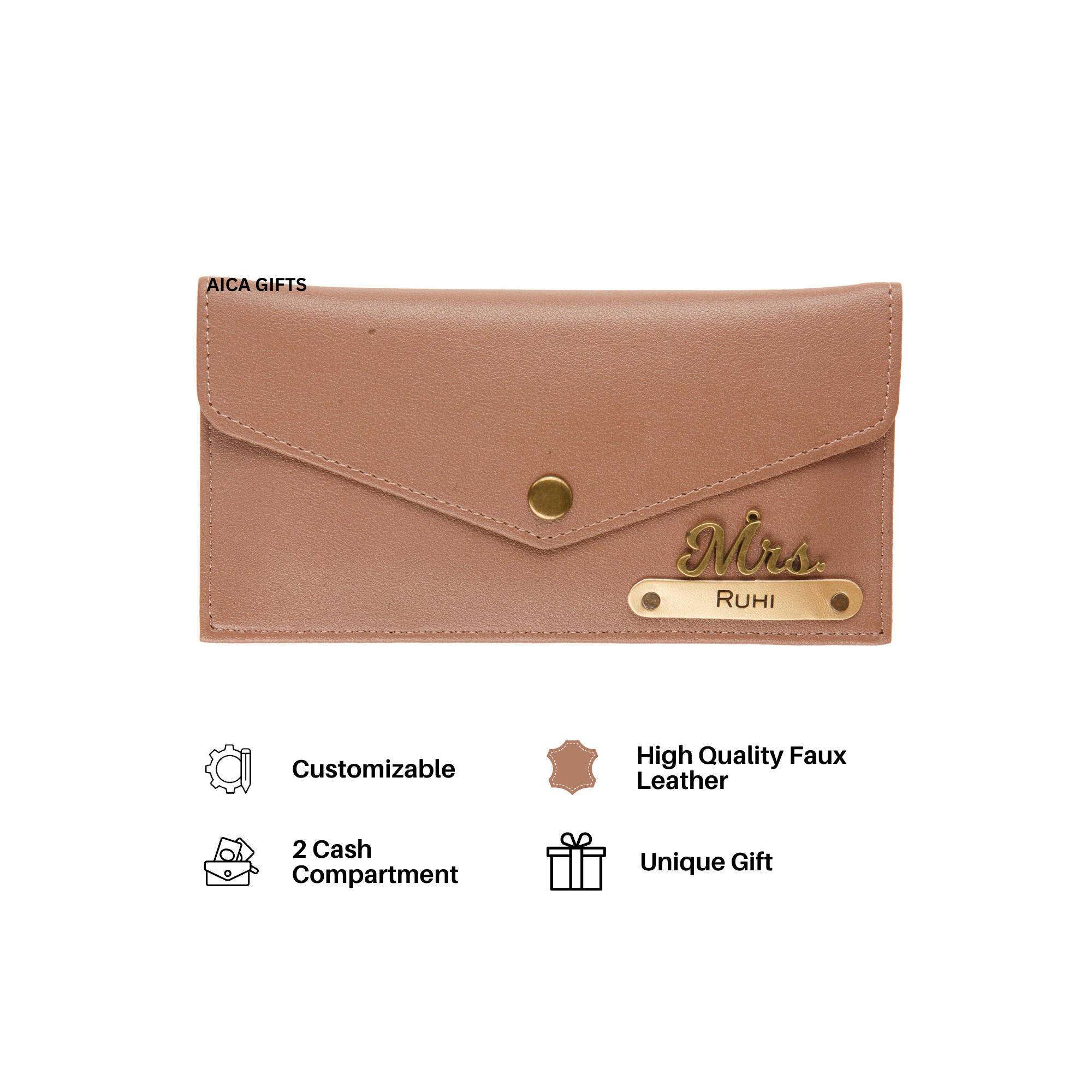 AICA Personalised Name & Charm Leather Wallet Gift for Women (Bedge Brown) | Gifts for Mom Sister Girl Friends