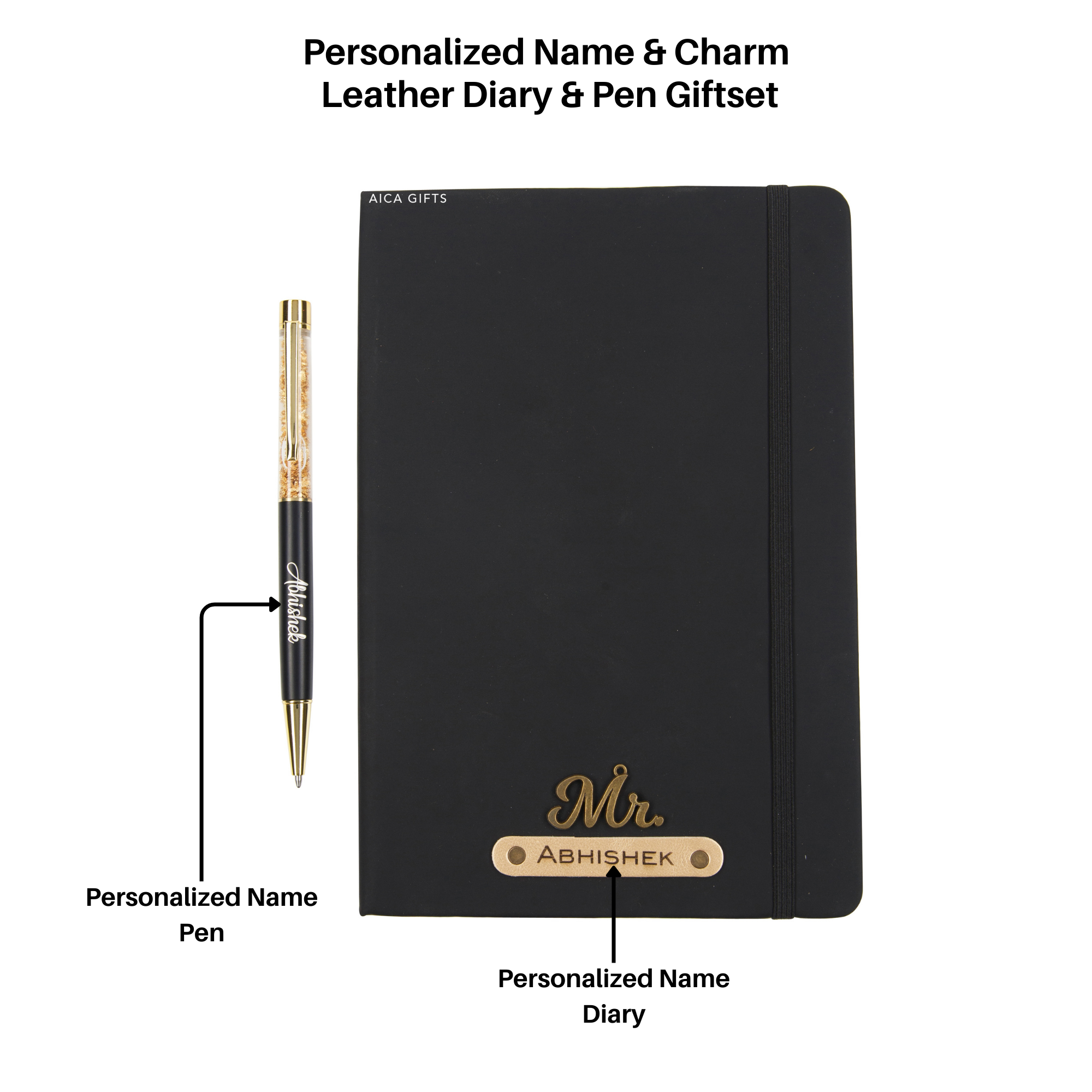 AICA Personalized Name & Charm Notebook Leather Diary - A5 Size, 180 Ruled Pages (Black) & Pen Golden for Men & Women