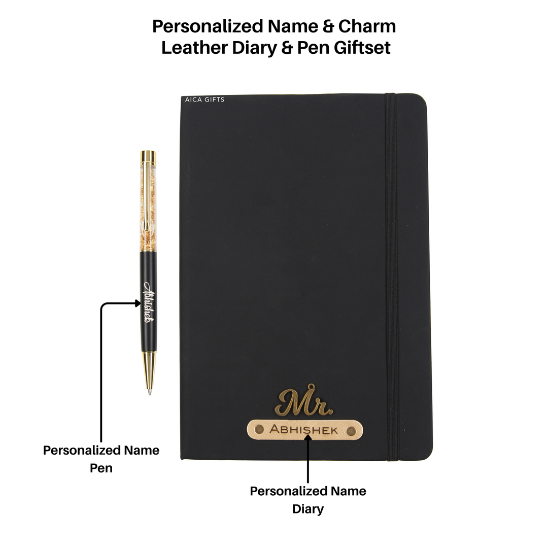 AICA Personalized Name & Charm Notebook Leather Diary - A5 Size, 180 Ruled Pages (Black) & Pen Golden for Men & Women