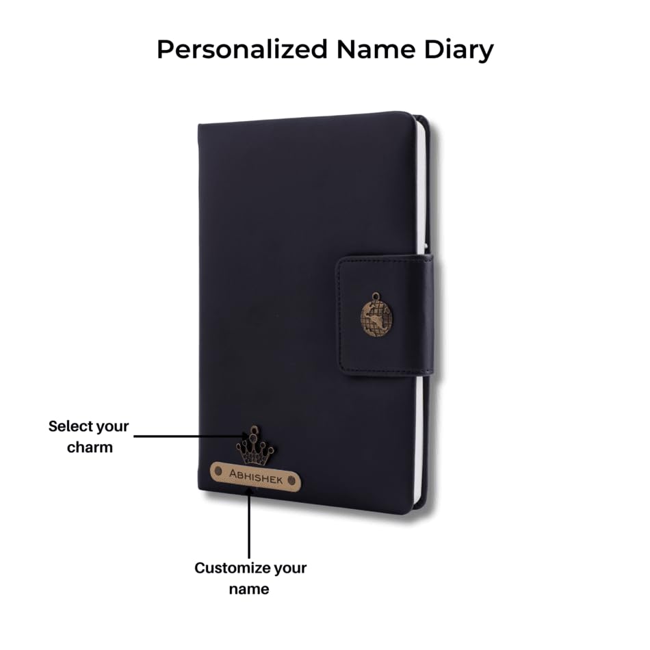 AICA Personalized Name & Charm Leather Notebook Diary -A5 Size, 200 Ruled Pages (Black)|Customized Christmas Secret Santa Daily Journal Diaries Diary Gifts for Men Women Friends Family Office Staff