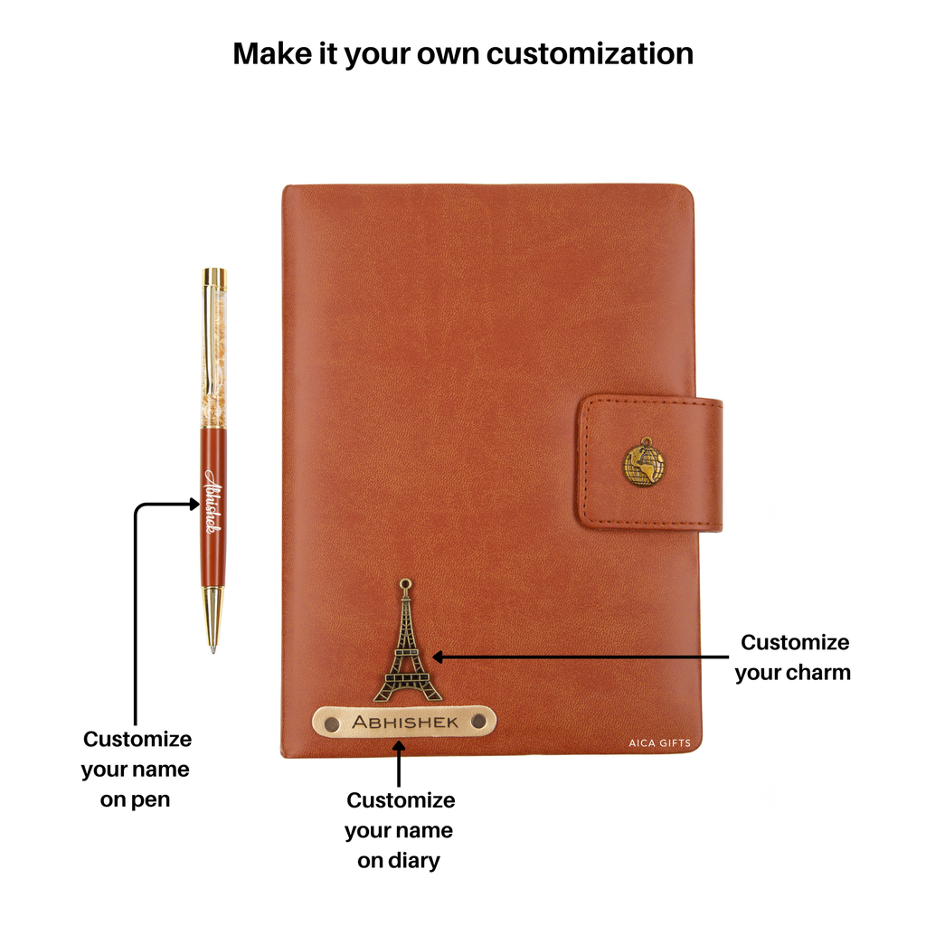 Aica Personalized Name & Charm Notebook Leather Diary - A5 Size, 200 Ruled Pages (Tan Brown) & Golden Pen Combo for Men & Women