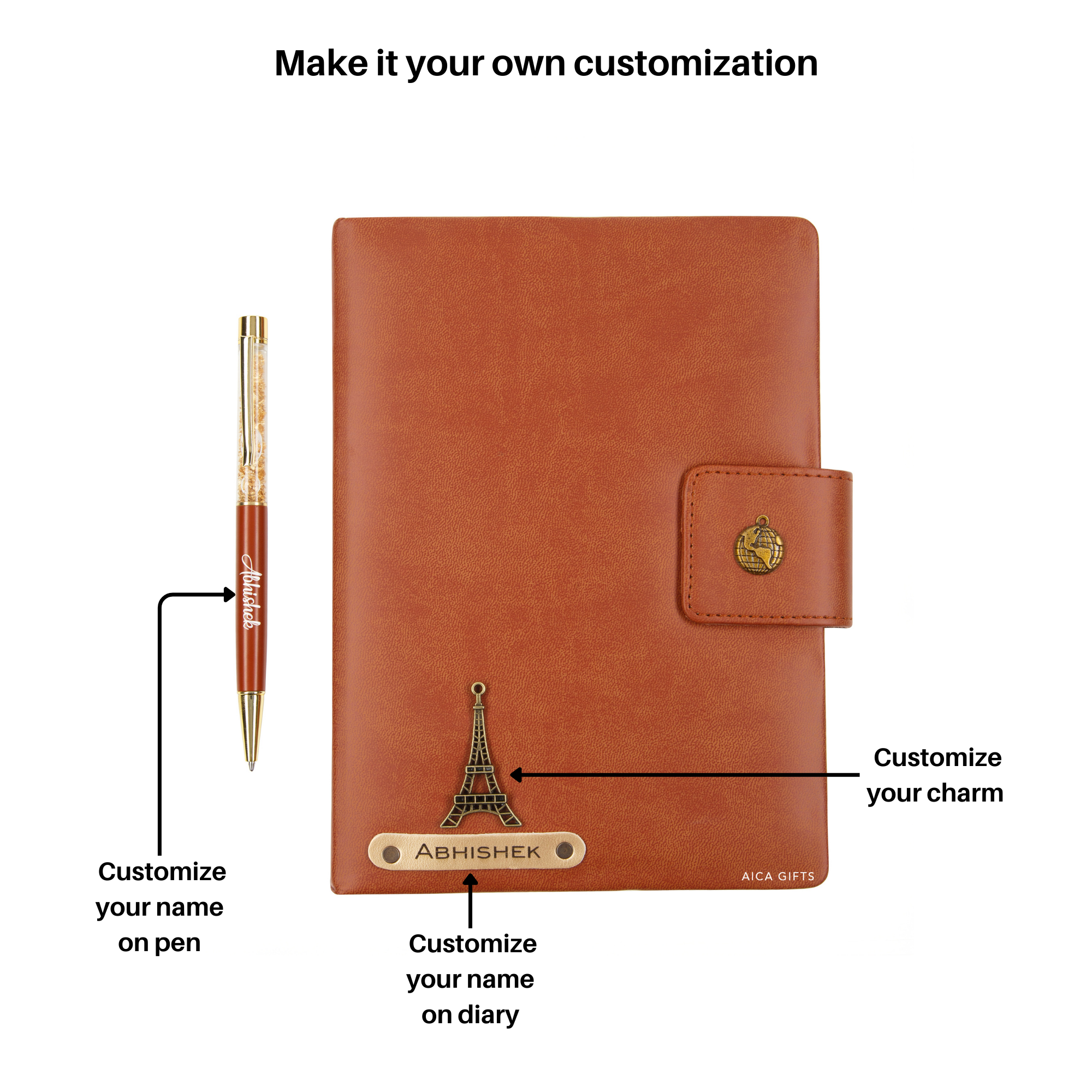Aica Personalized Name & Charm Notebook Leather Diary - A5 Size, 200 Ruled Pages (Tan Brown) & Golden Pen Combo for Men & Women