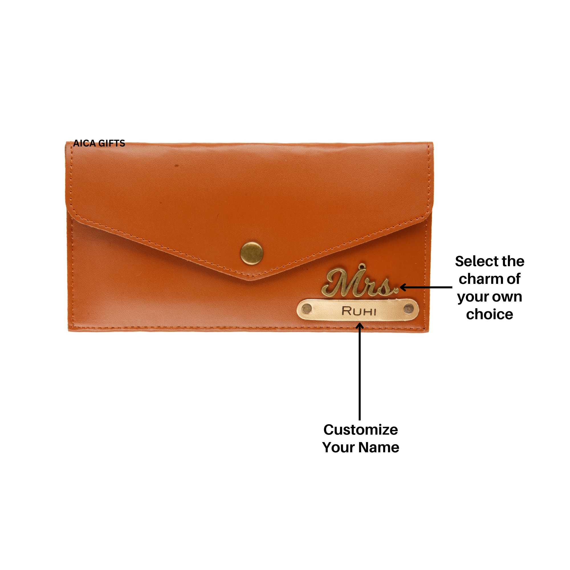AICA Personalised Name & Charm Leather Wallet Gift for Women (TanBrown) | Customise Wallet Gifts for Women