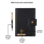 Load image into Gallery viewer, Aica Personalized Name &amp; Charm Notebook Leather Diary - A5 Size, 200 Ruled Pages (Black) &amp; Golden Pen Combo for Men &amp; Women
