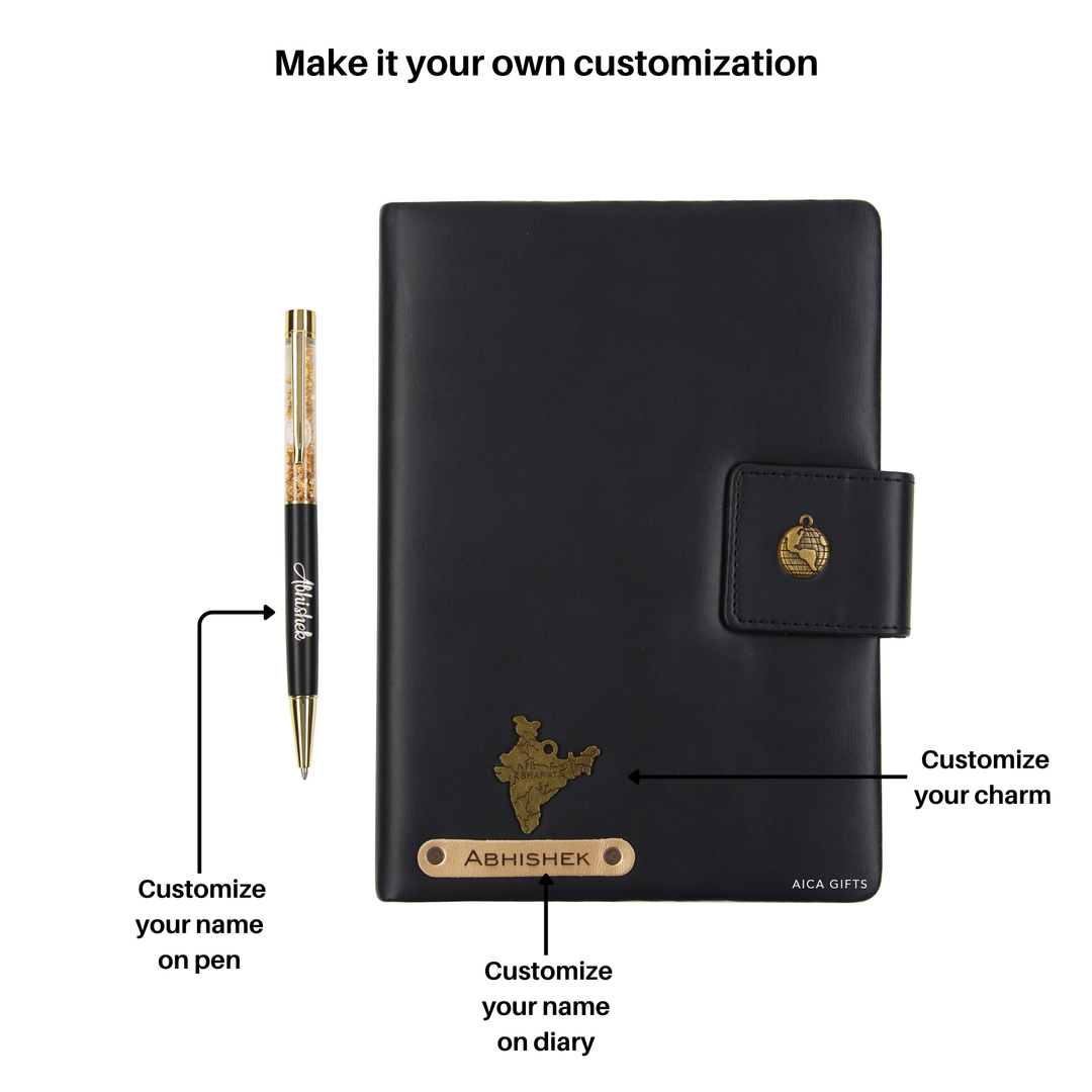 Aica Personalized Name & Charm Notebook Leather Diary - A5 Size, 200 Ruled Pages (Black) & Golden Pen Combo for Men & Women