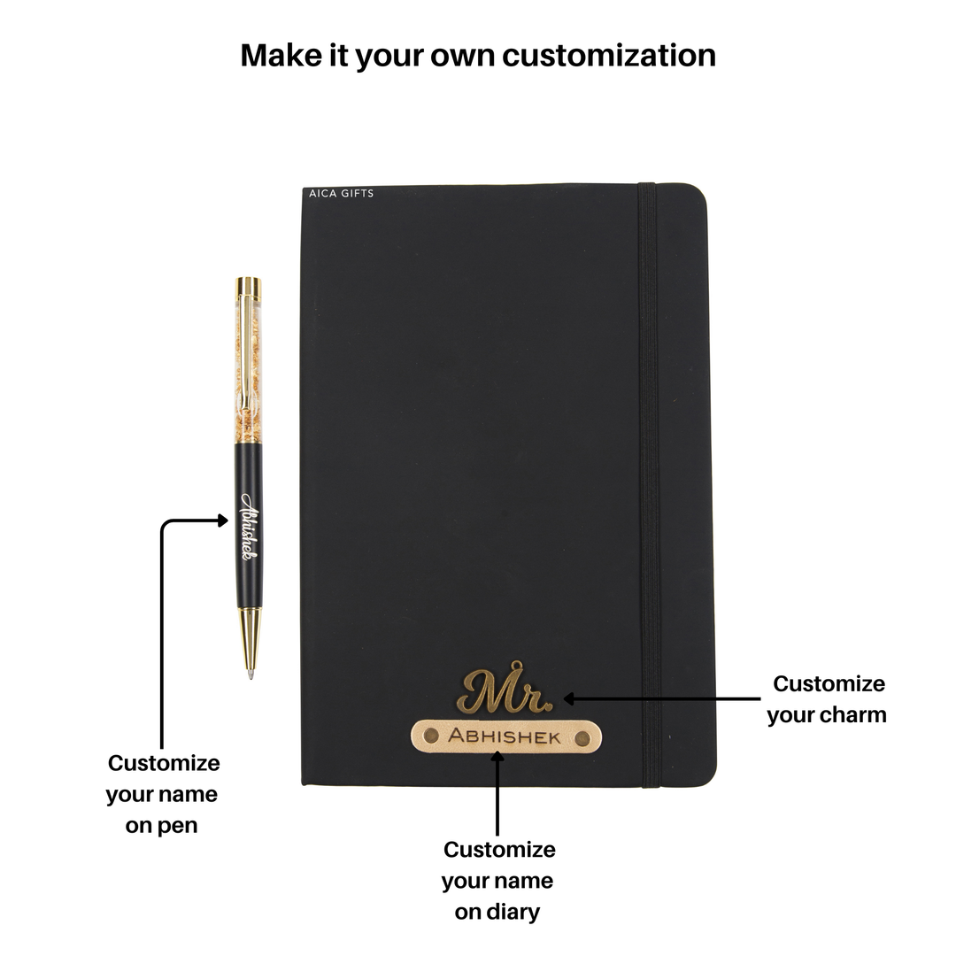 AICA Personalized Name & Charm Notebook Leather Diary - A5 Size, 180 Ruled Pages (Black) & Pen Golden for Men & Women