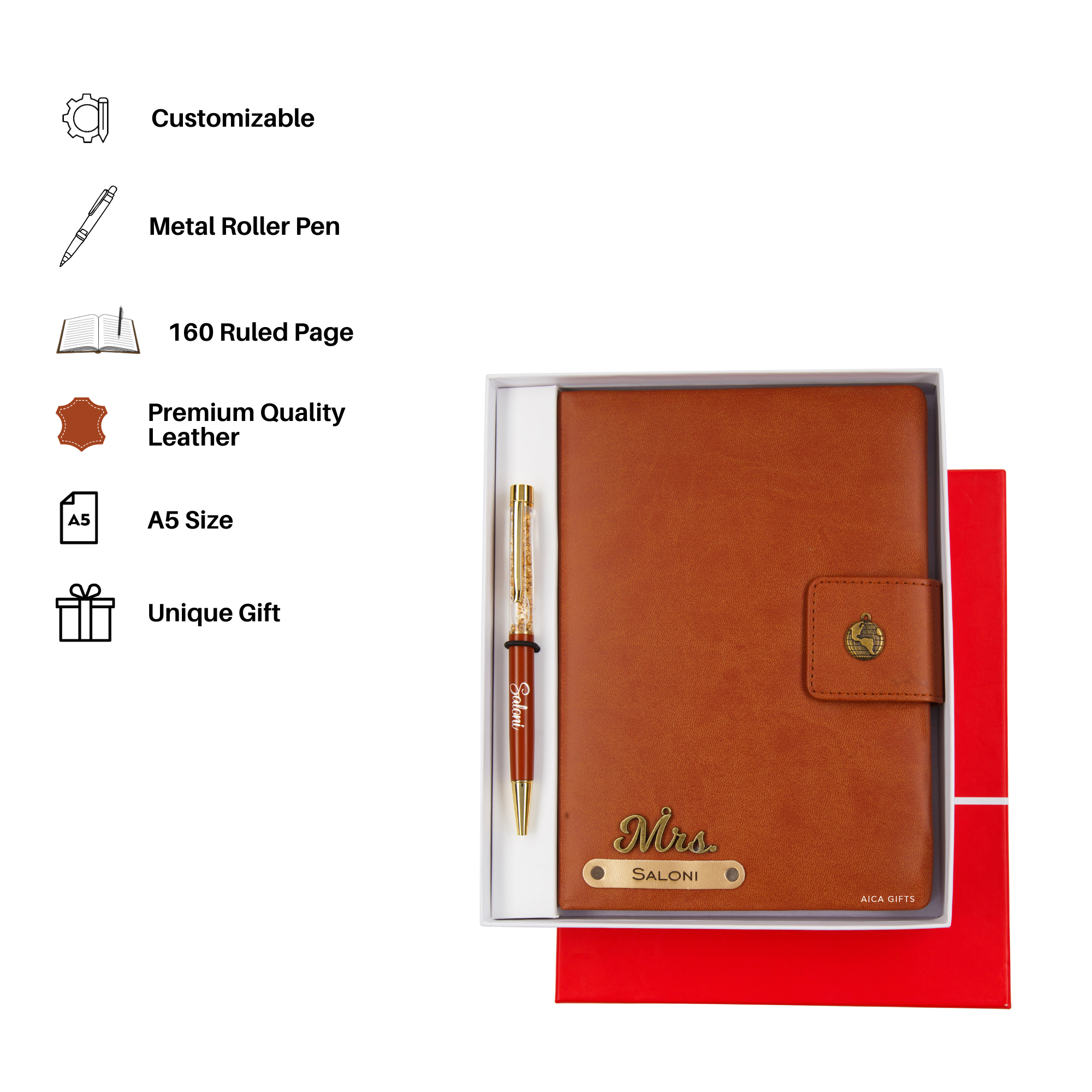Aica Personalized Name & Charm Notebook Leather Diary - A5 Size, 200 Ruled Pages (Tan Brown) & Golden Pen Combo for Men & Women