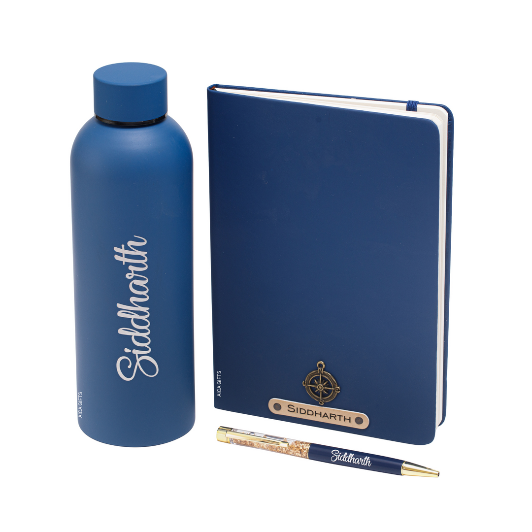 Personalized Diary Pen & Bottle – 3pcsGift Set (Navy Blue)