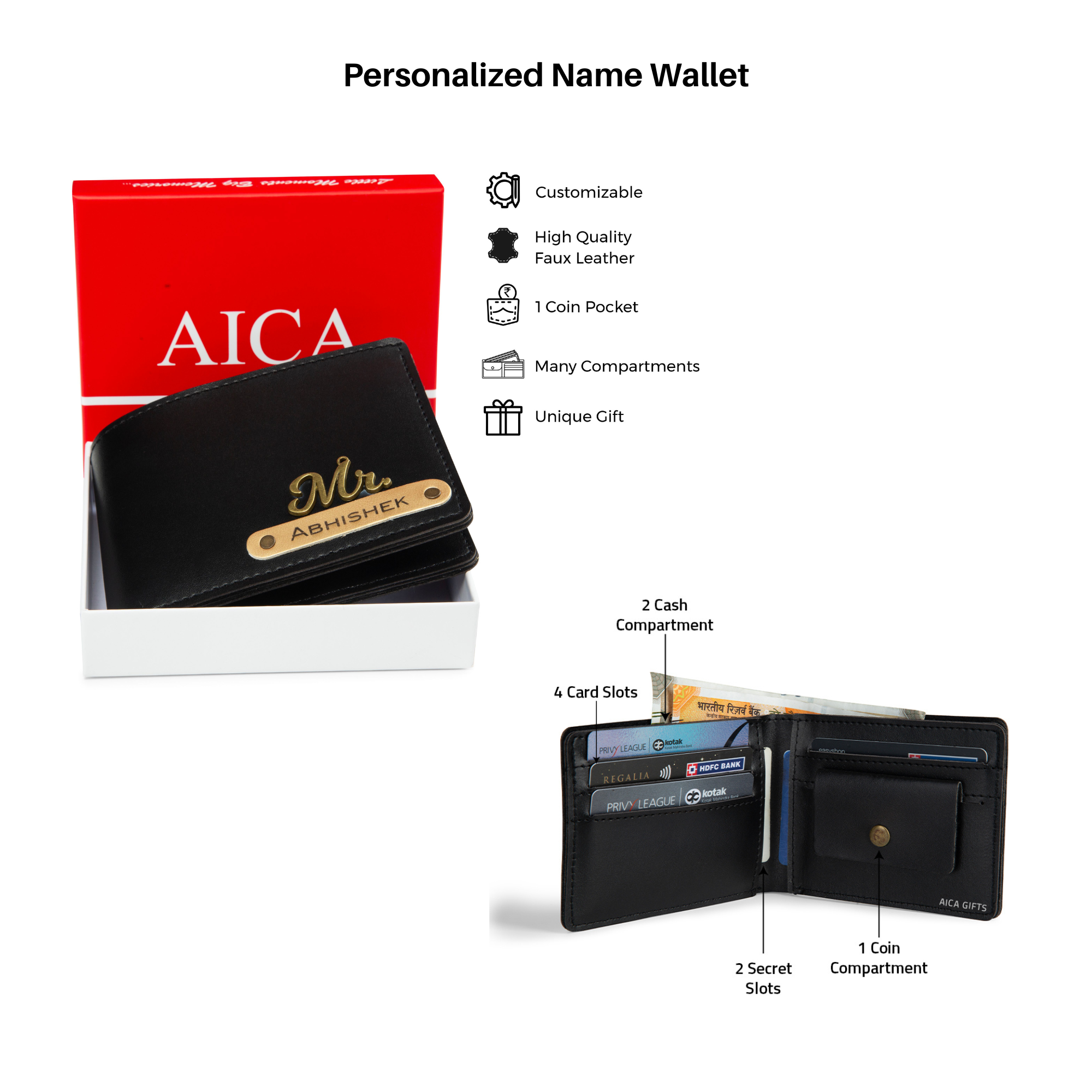 Aica Personalized Name & Charm Leather Men's Combo (Black)