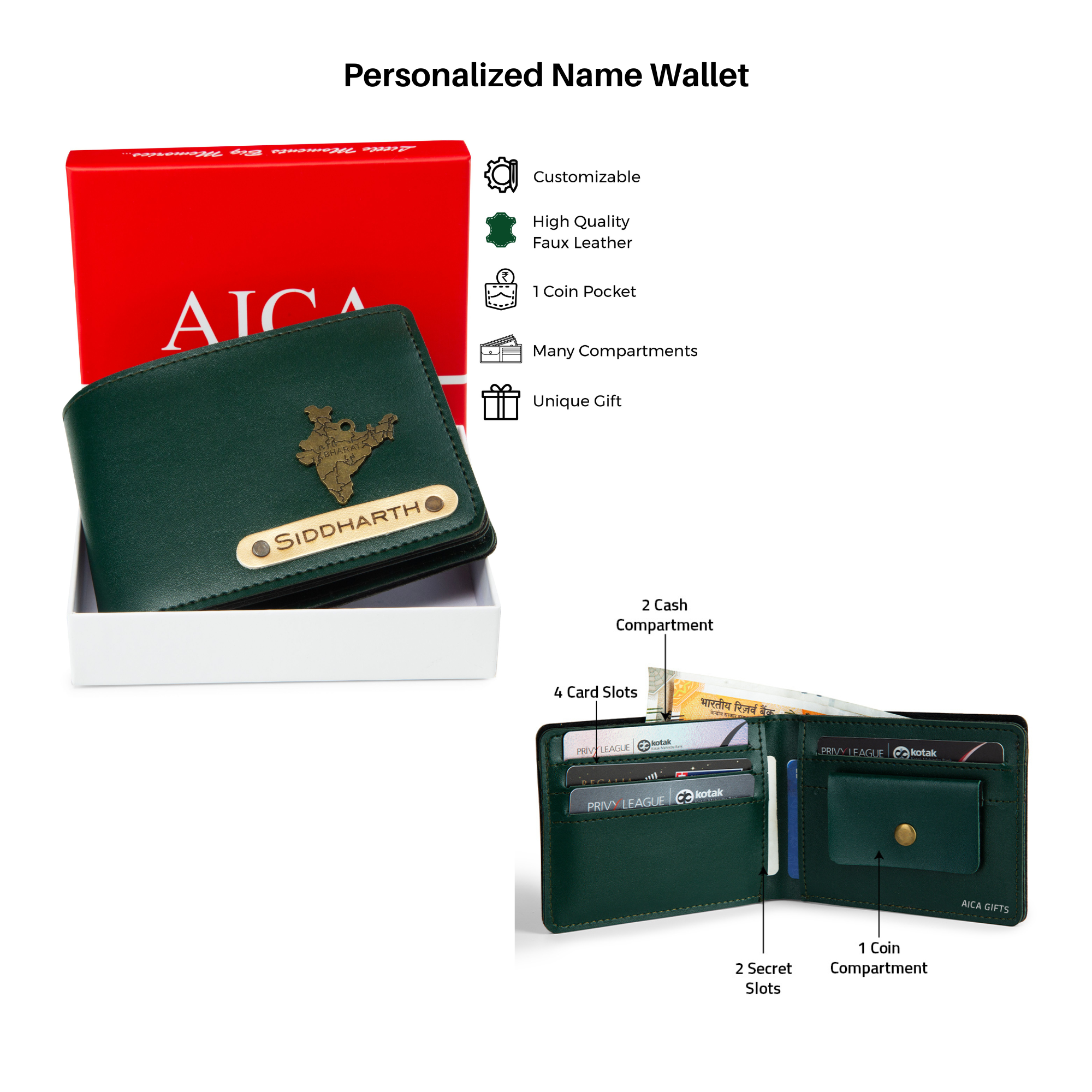 Aica Personalized Name & Charm Leather Men's Combo (Dark Green)