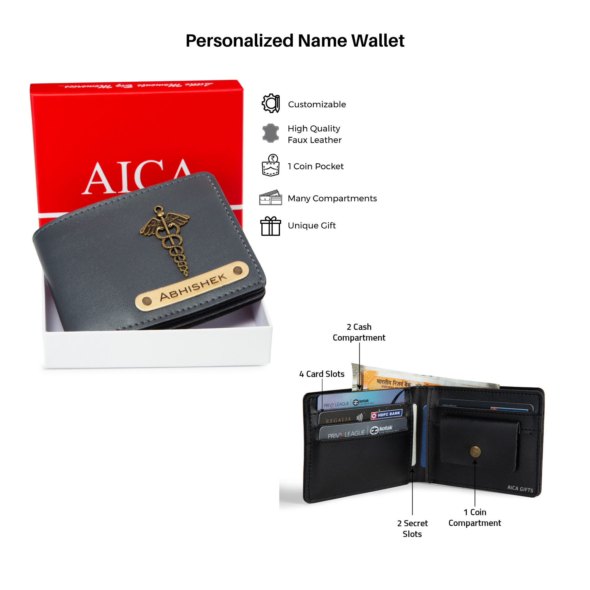 Aica Personalized Name & Charm Leather Men's Combo (Grey)