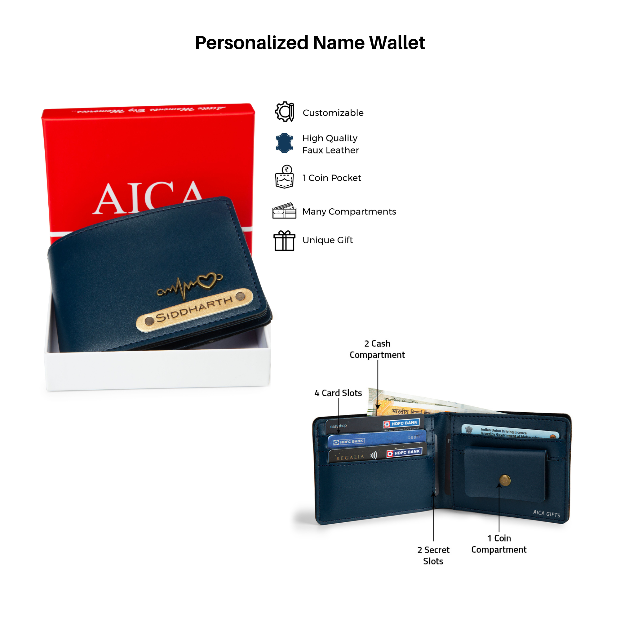 Aica Personalized Name & Charm Leather Men's Combo (Navy Blue)