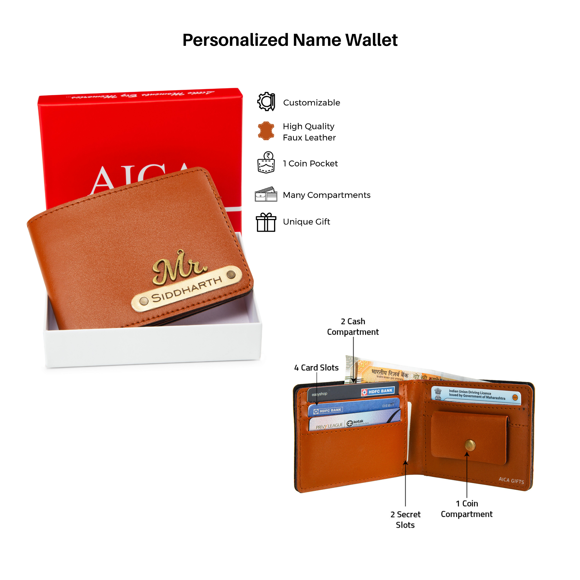 Aica Personalized Name & Charm Leather Men's Combo (Tan Brown)
