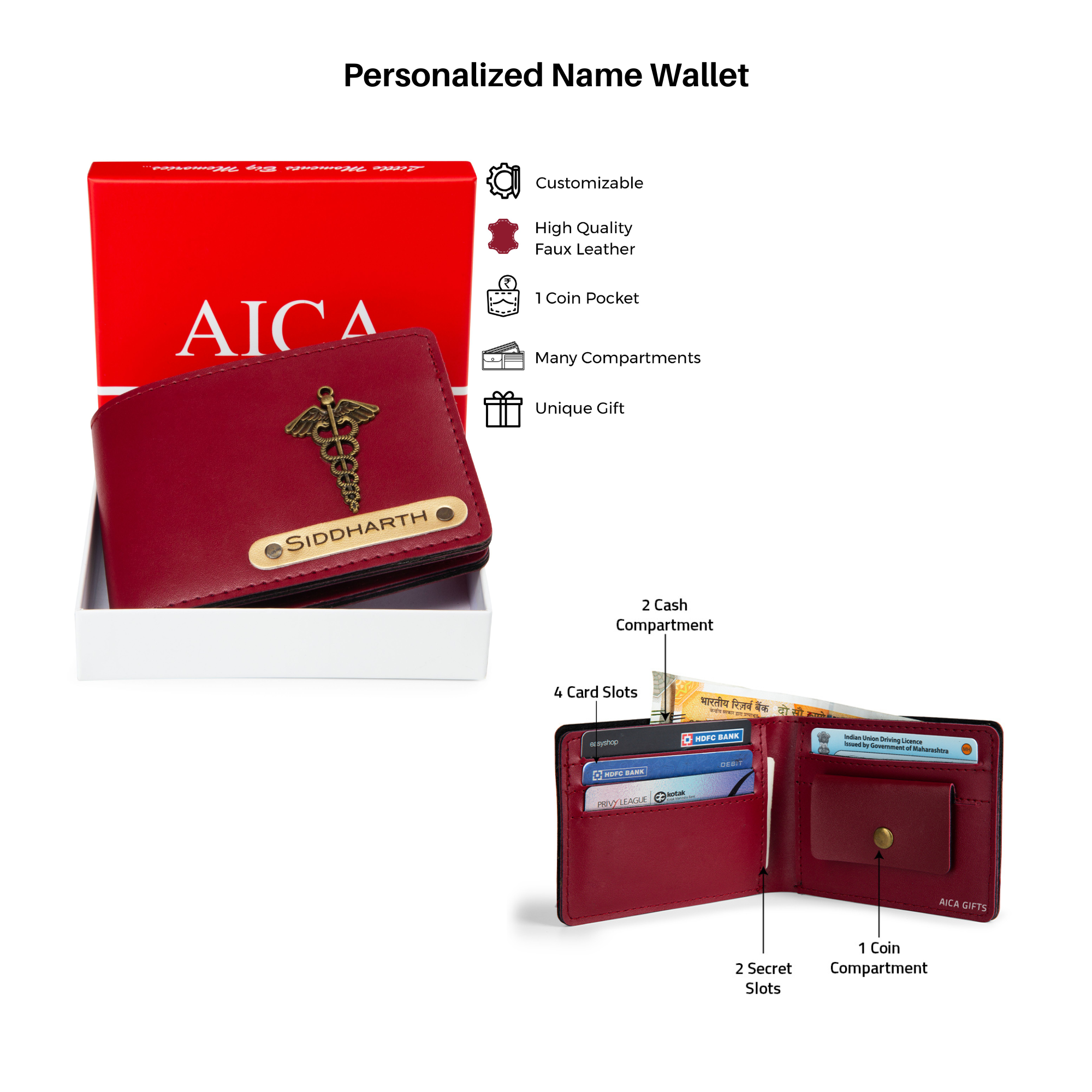 Aica Personalized Name & Charm Leather Men Combo (Wine)