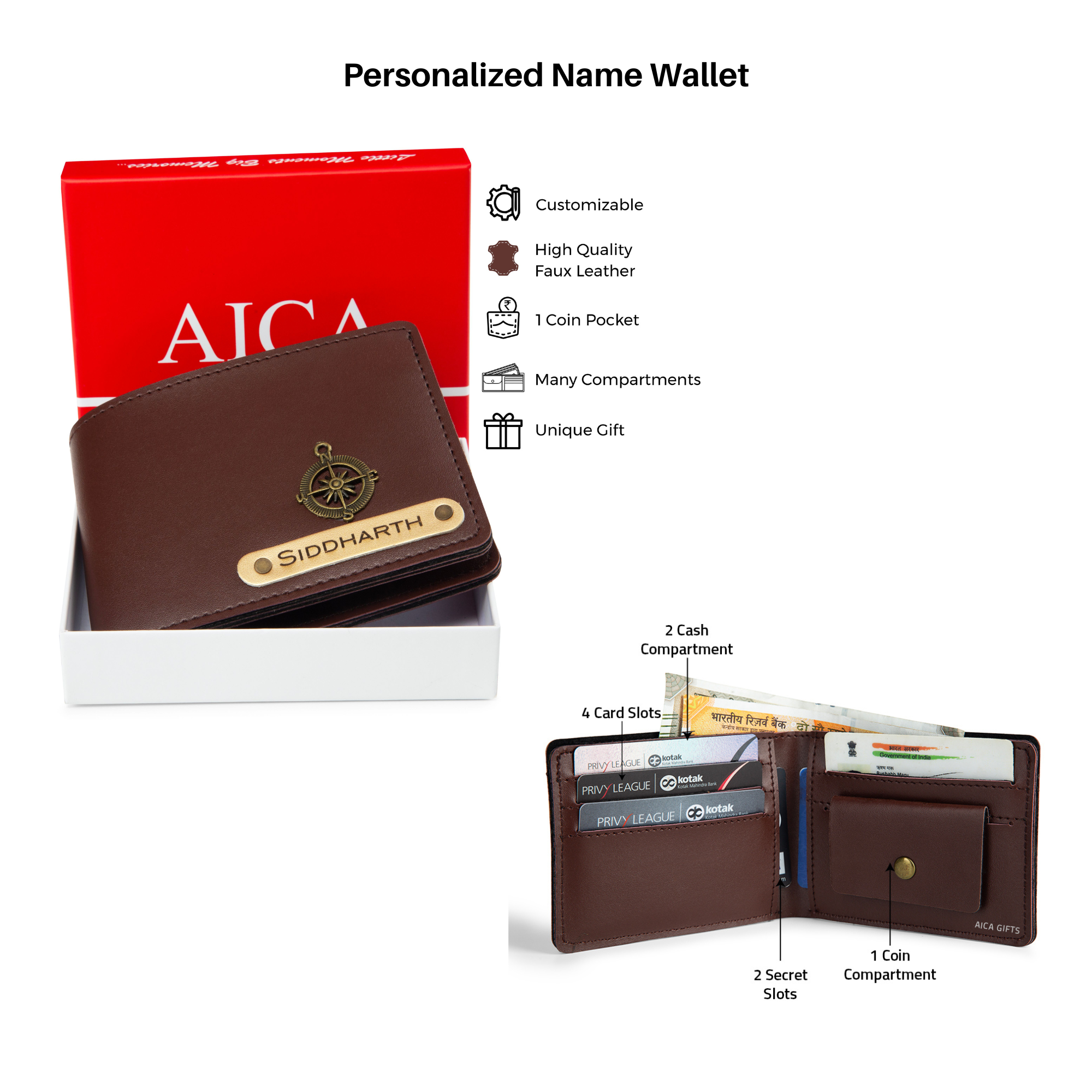 Aica Personalized Name & Charm Leather Men's Combo (Dark Brown)