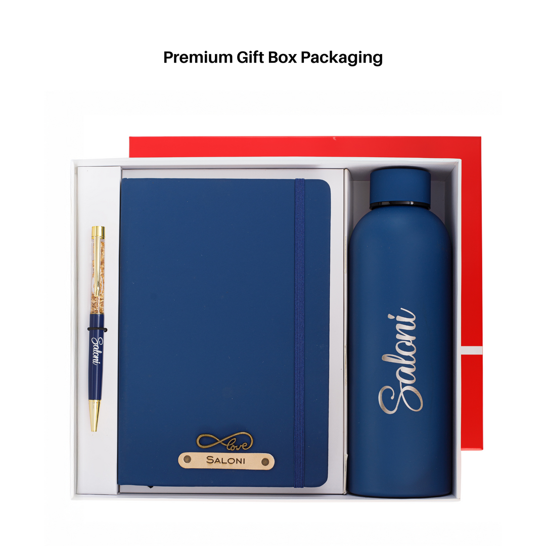 Personalized Diary Pen & Bottle – 3pcsGift Set (Navy Blue)