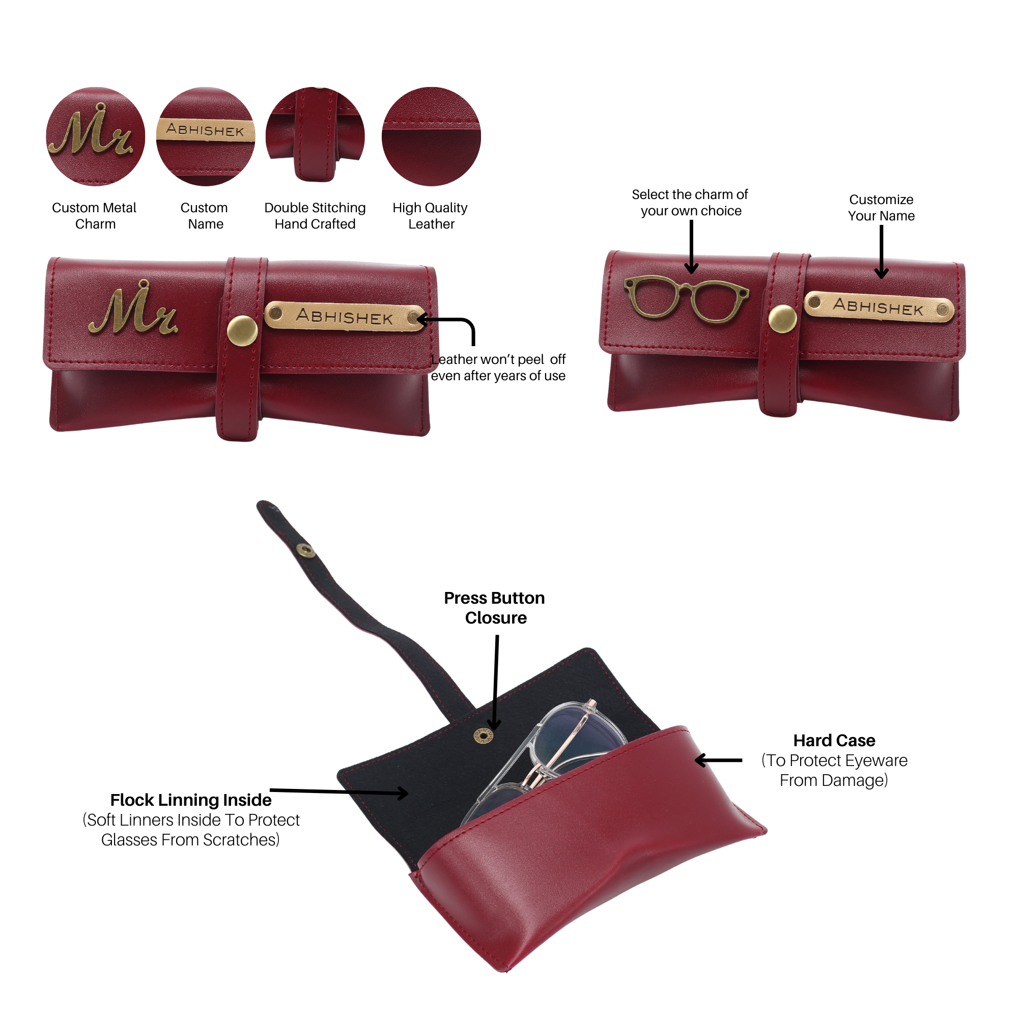 Aica Personalized Name & Charm Leather Men Combo (Wine)