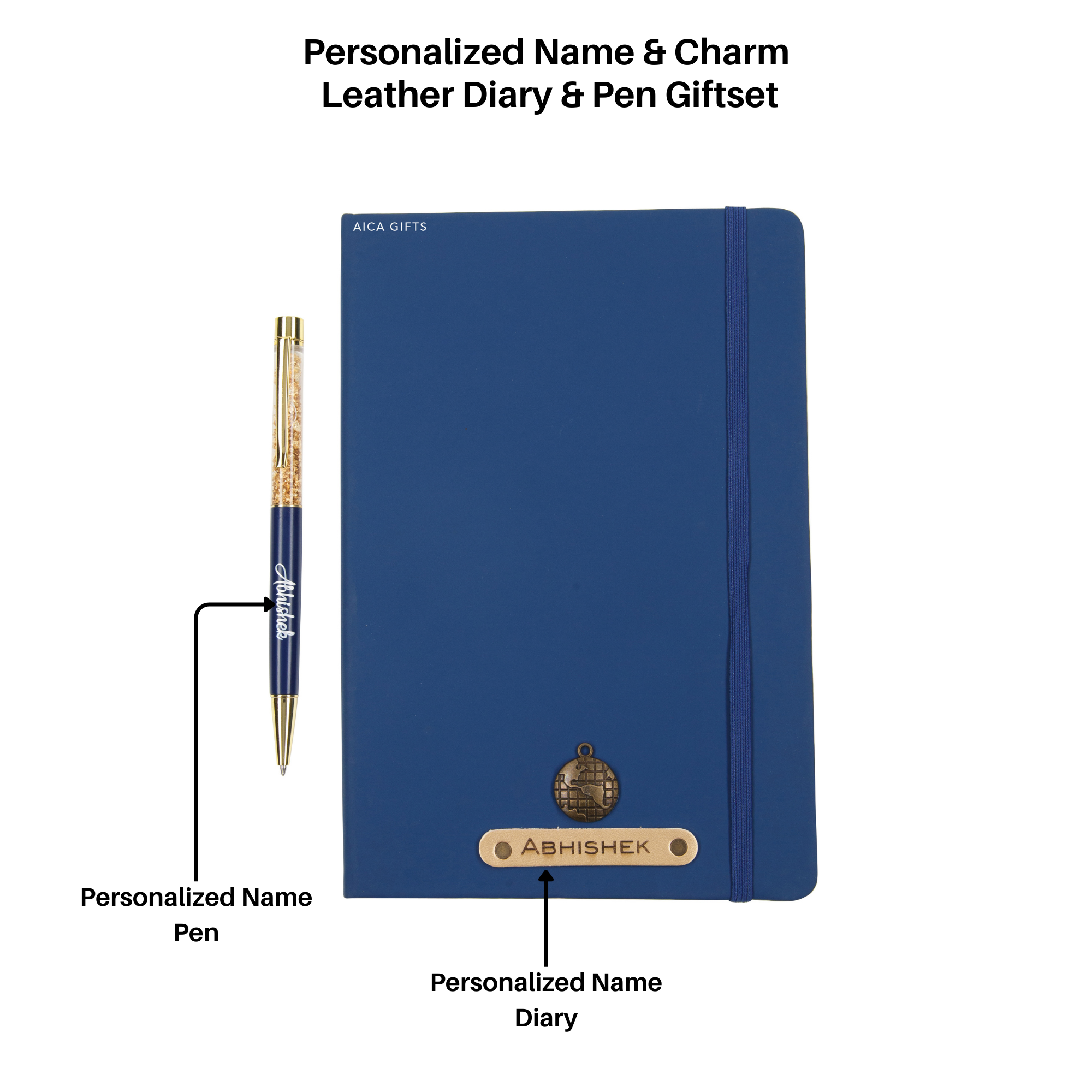Aica Personalized Name & Charm Notebook Leather Diary - A5 Size, 180 Ruled Pages (Navy Blue) & Pen Golden Combo for Men & Women