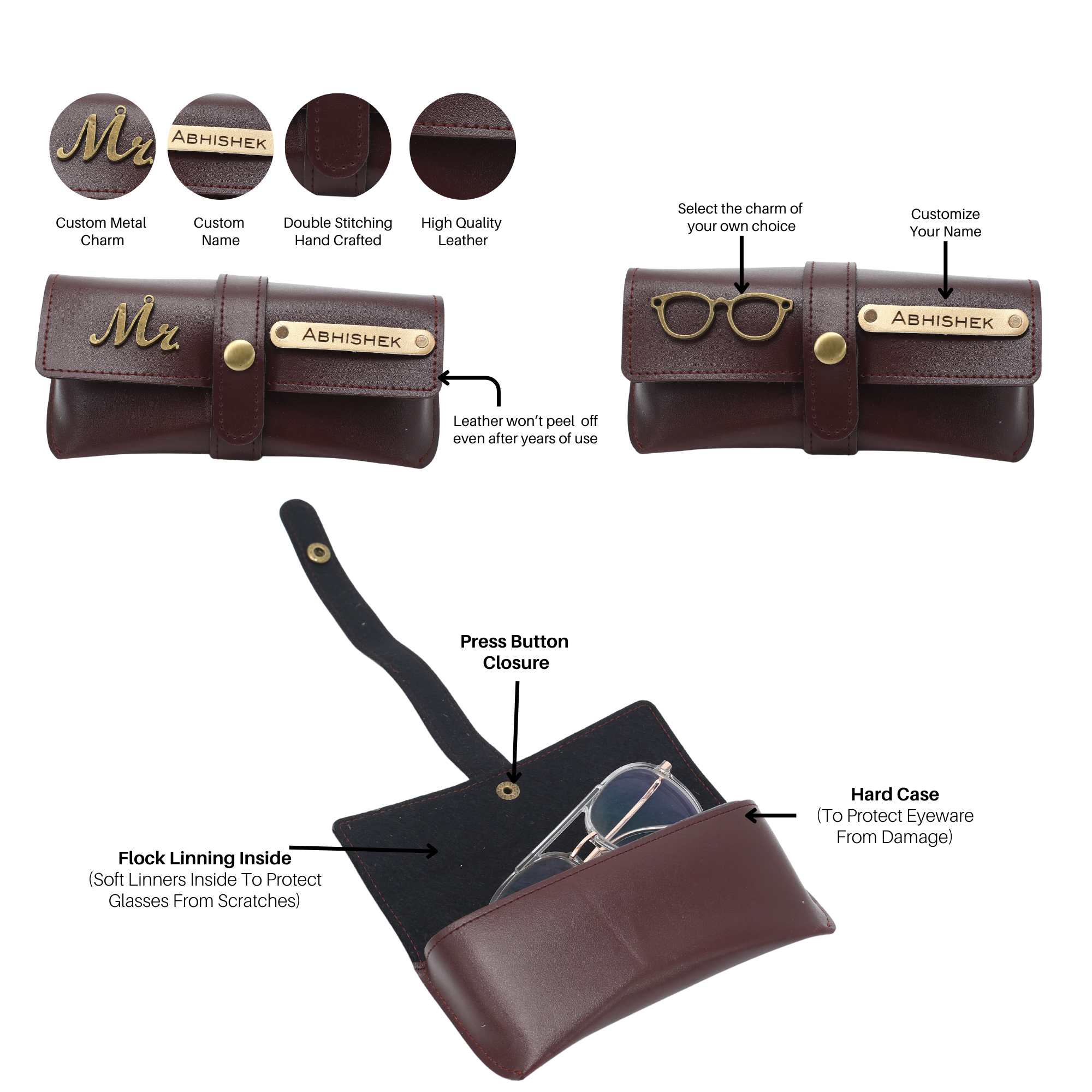 Aica Personalized Name & Charm Leather Men's Combo (Dark Brown)