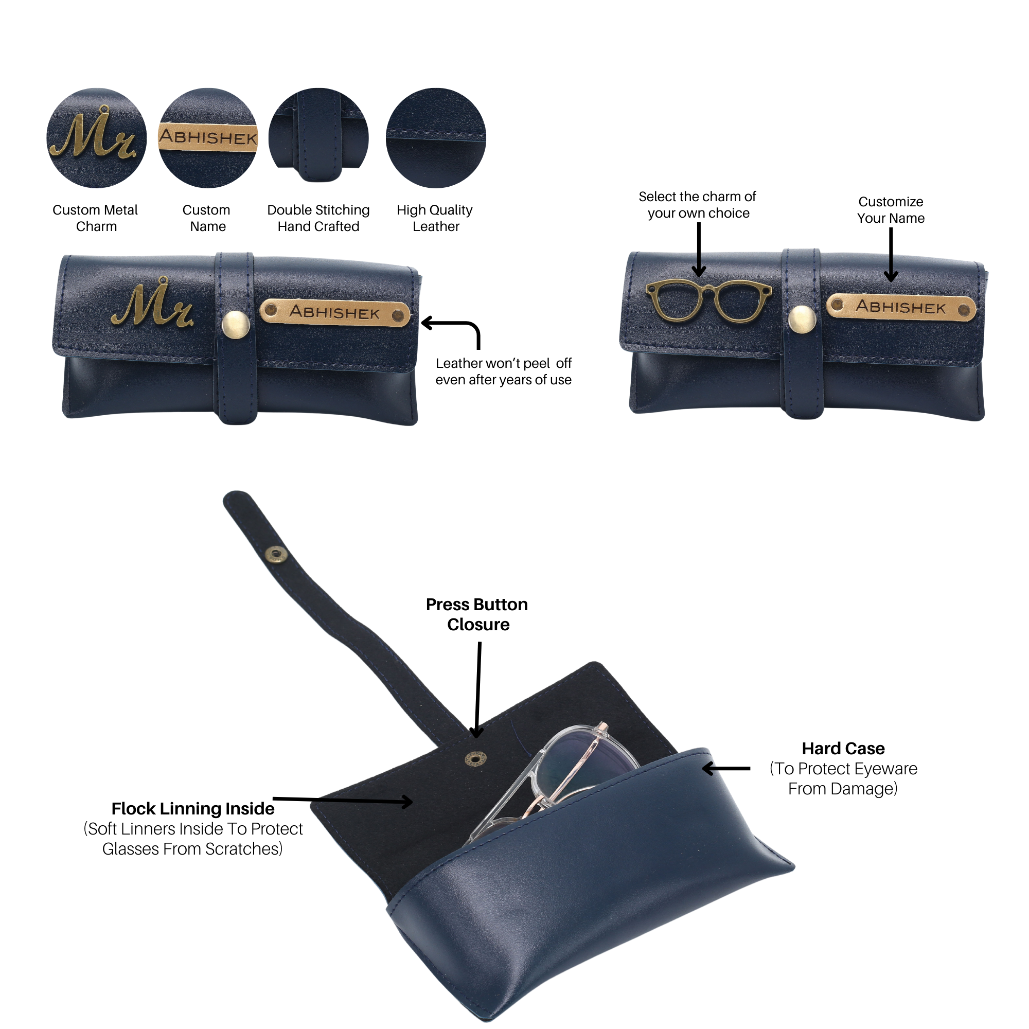 Aica Personalized Name & Charm Leather Men's Combo (Navy Blue)