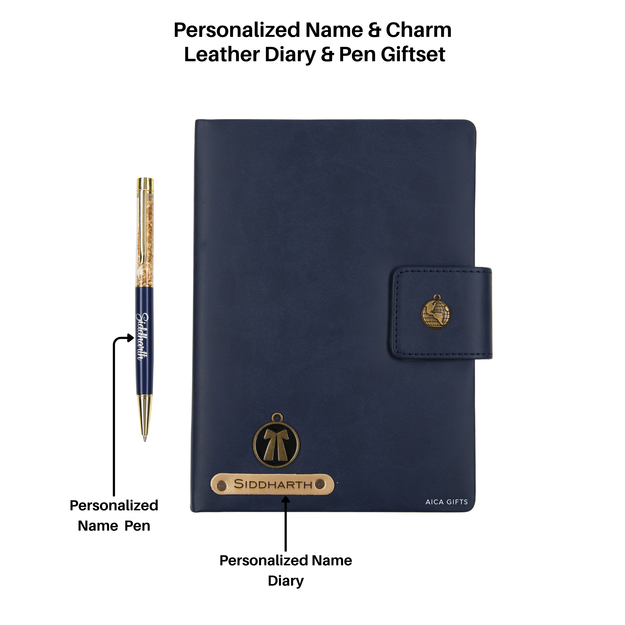 AICA Personalized Name & Charm Notebook Leather Diary - A5 Size, 200 Ruled Pages (Navy Blue) & Pen Golden Combo for Men & Women