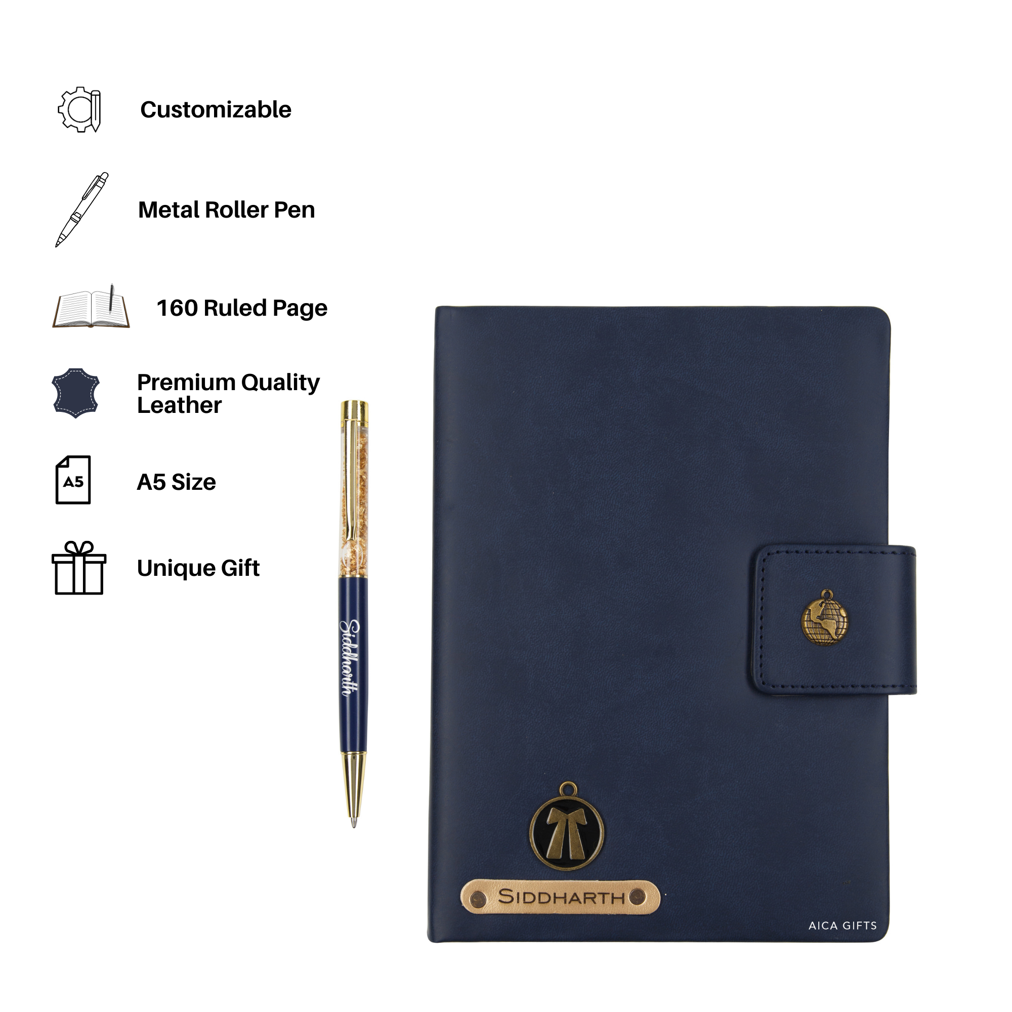 AICA Personalized Name & Charm Notebook Leather Diary - A5 Size, 200 Ruled Pages (Navy Blue) & Pen Golden Combo for Men & Women