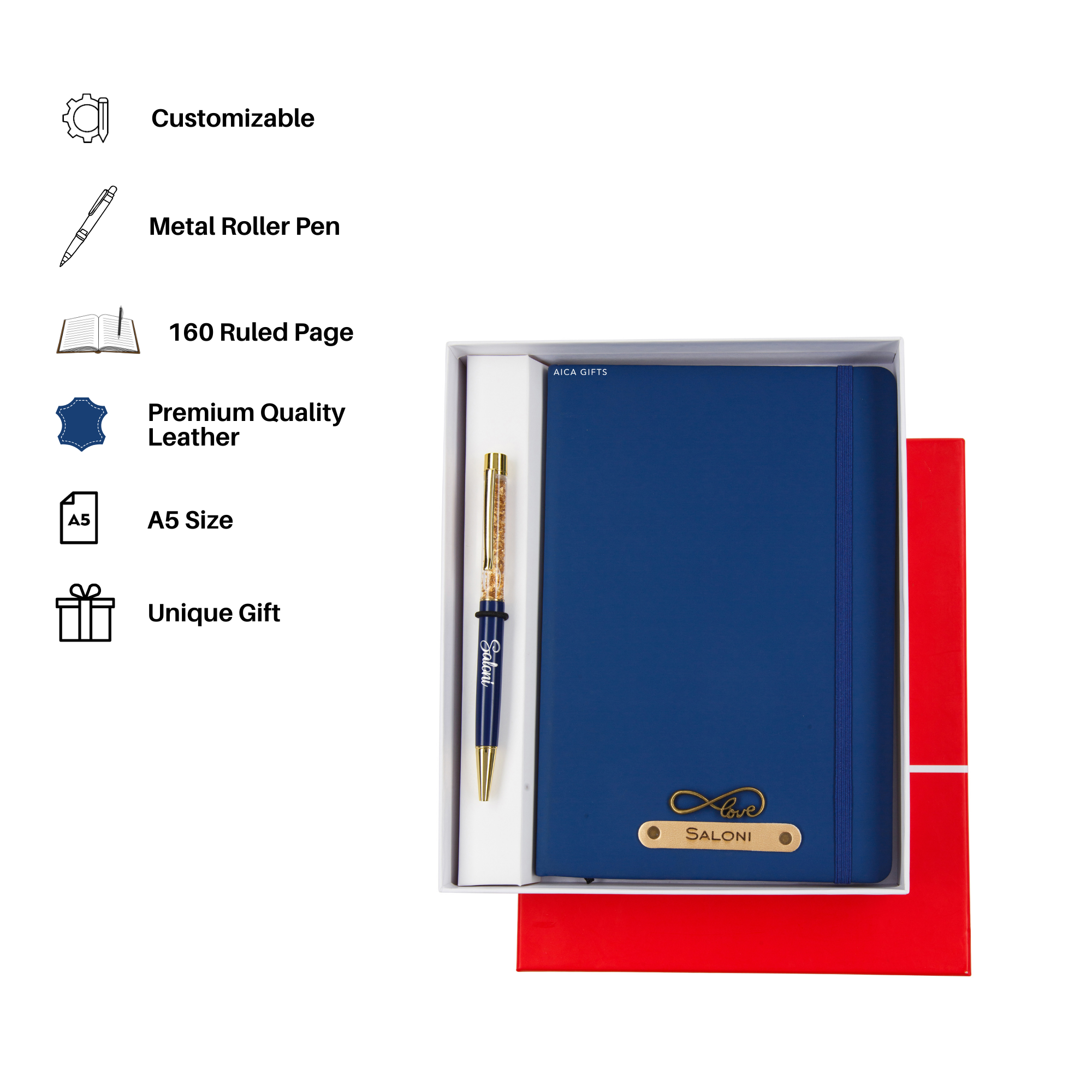 Aica Personalized Name & Charm Notebook Leather Diary - A5 Size, 180 Ruled Pages (Navy Blue) & Pen Golden Combo for Men & Women