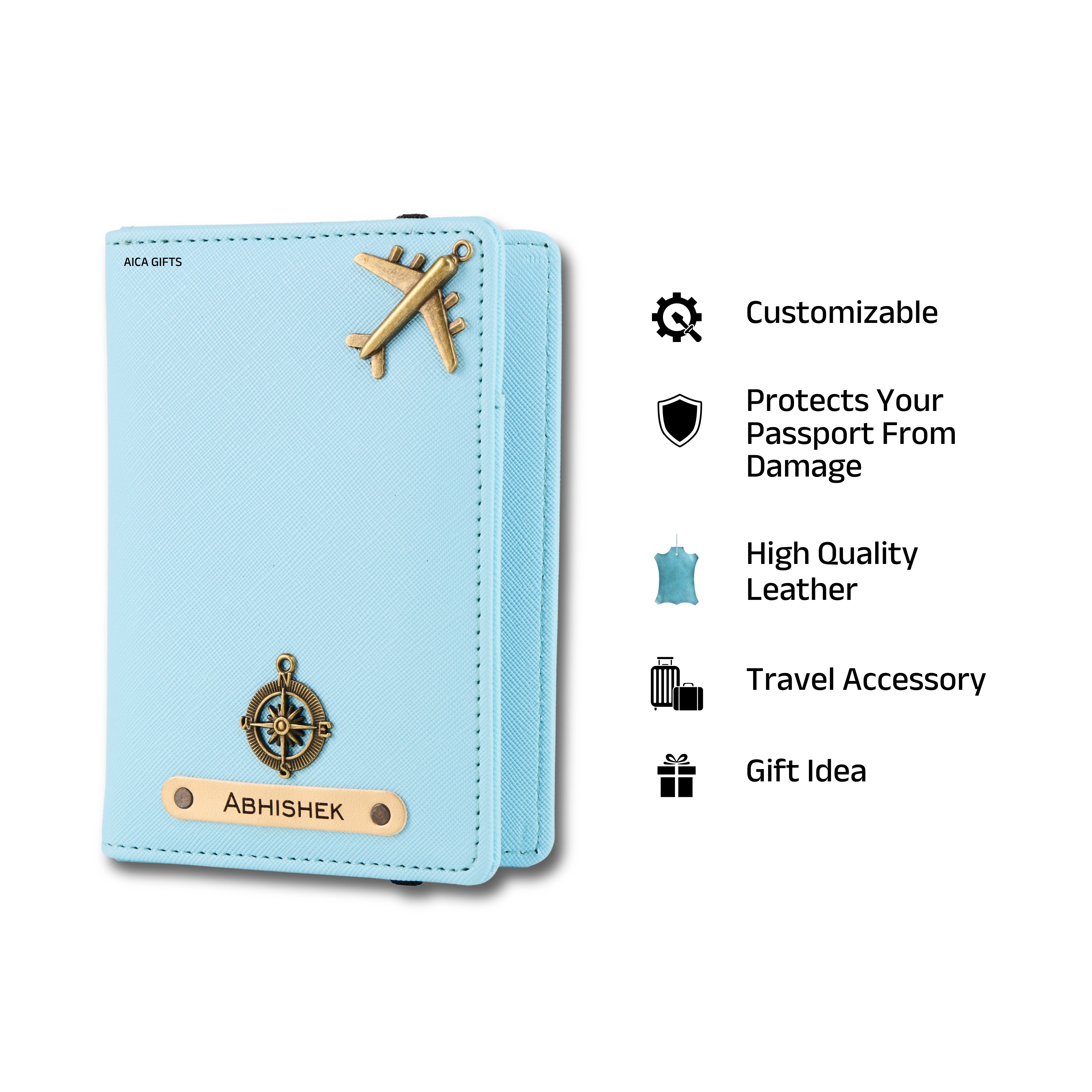 AICA Personalised Name & Charm Leather Passport Cover Holder for Men & Women (Babyblue) | Gifts for Man | Gift for Woman | Return Gifts for Birthday | Passport Cover for Men & Women