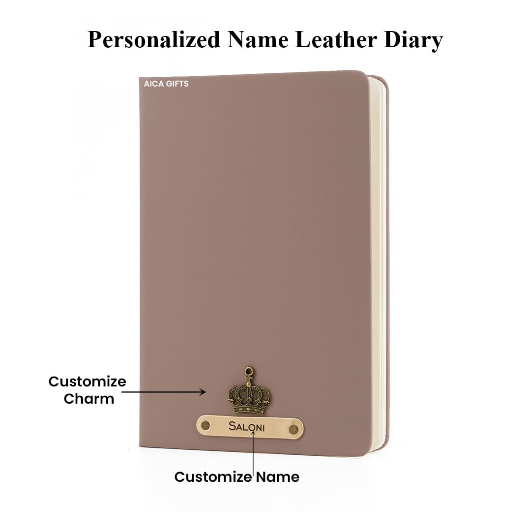 AICA Personalized Name & Charm Leather Notebook Diary -A5 Size, 180 Ruled Pages All