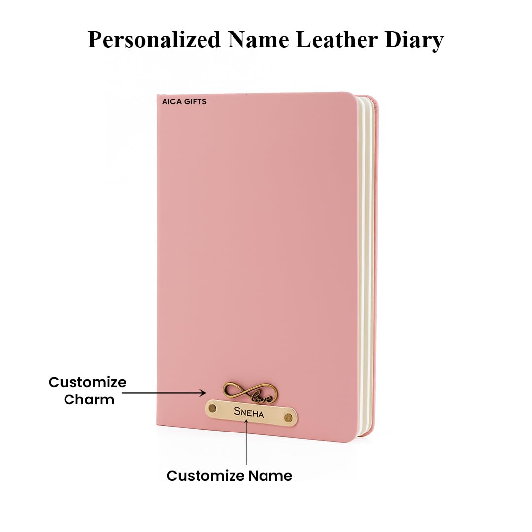 AICA Personalized Name & Charm Leather Notebook Diary -A5 Size, 180 Ruled Pages All