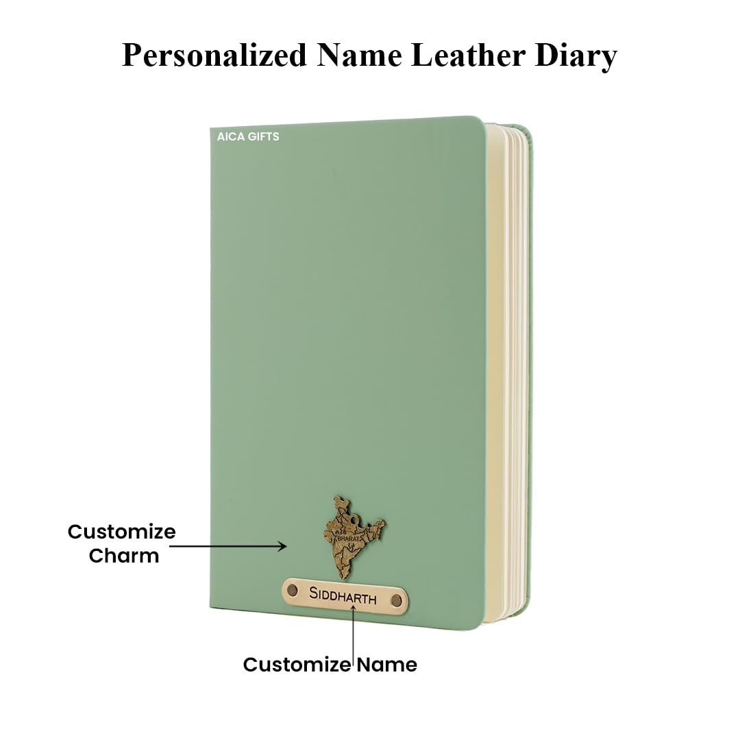 AICA Personalized Name & Charm Leather Notebook Diary -A5 Size, 180 Ruled Pages All