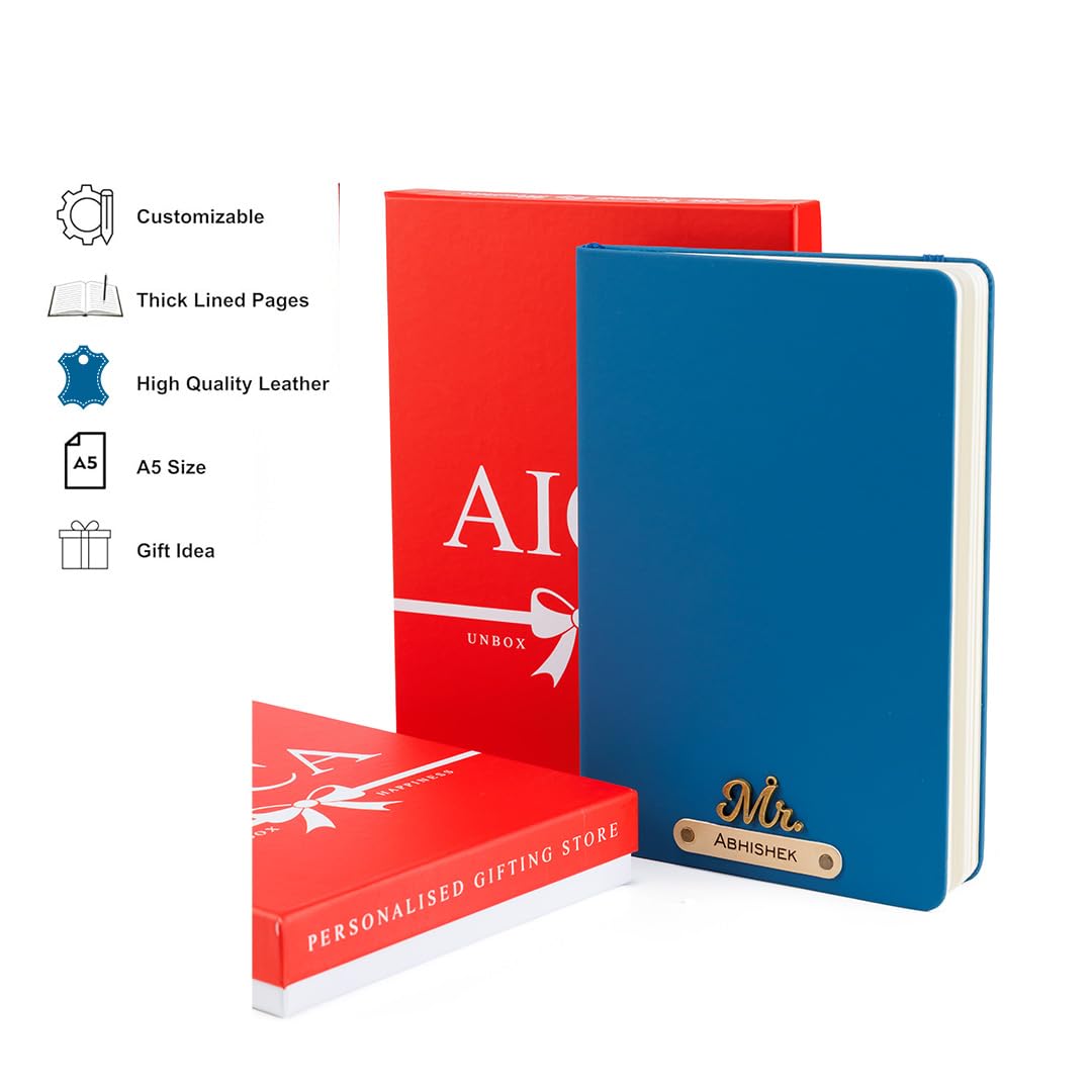 AICA Personalized Name & Charm Leather Notebook Diary -A5 Size, 180 Ruled Pages All