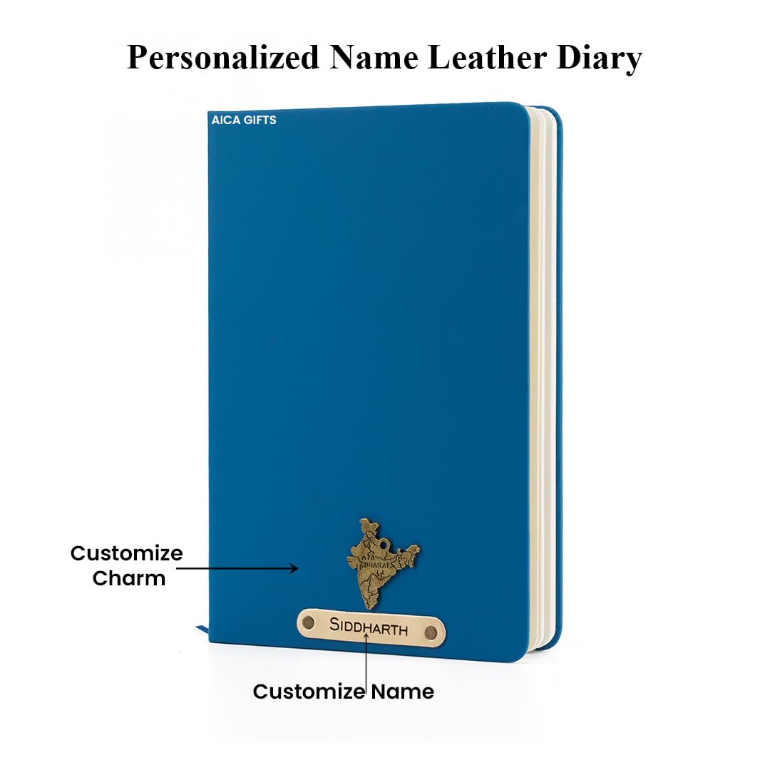 AICA Personalized Name & Charm Leather Notebook Diary -A5 Size, 180 Ruled Pages All