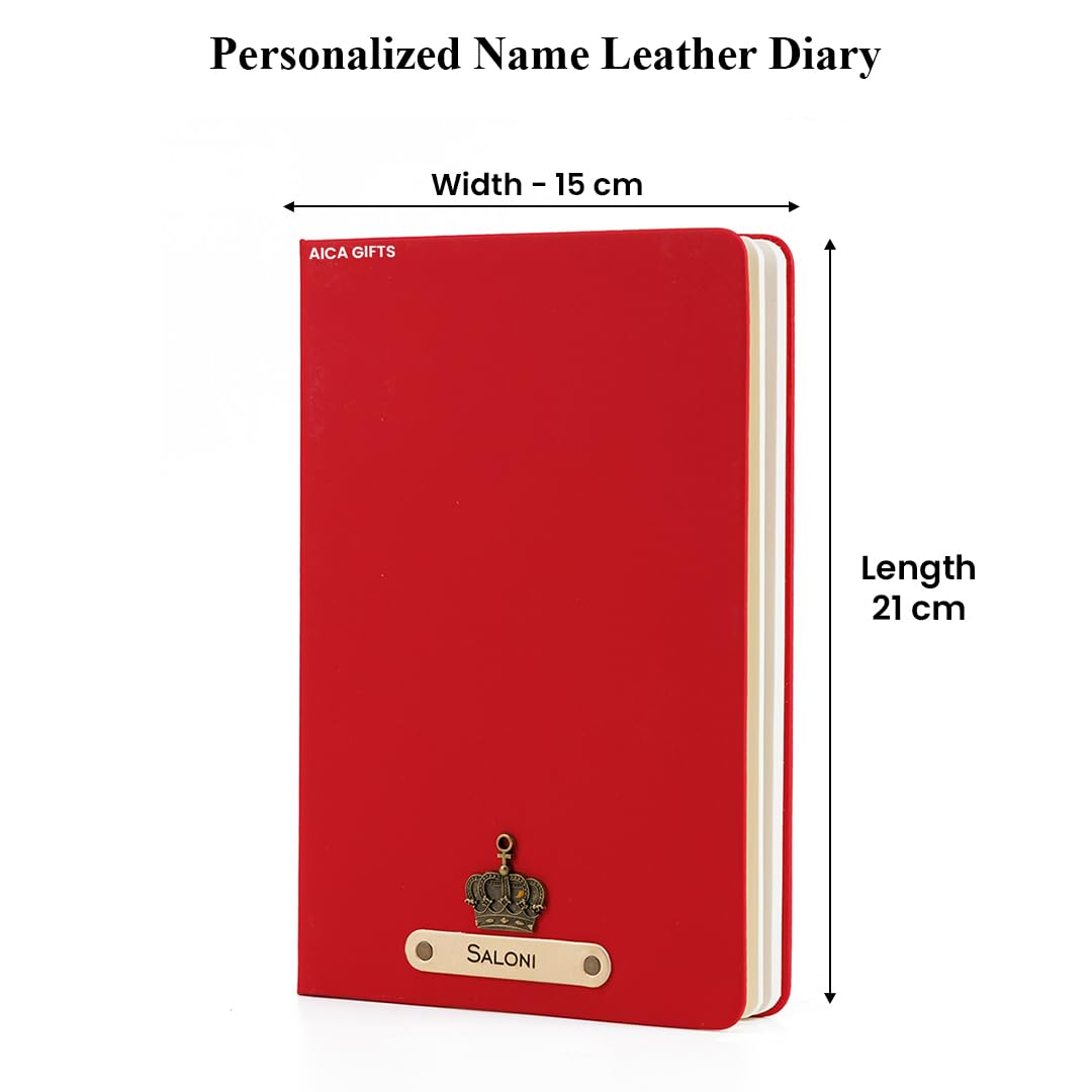 AICA Personalized Name & Charm Leather Notebook Diary -A5 Size, 180 Ruled Pages All