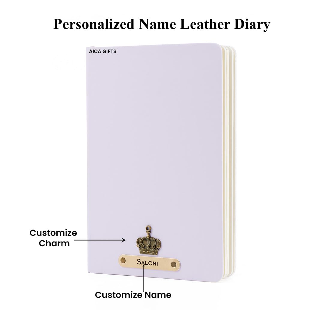 AICA Personalized Name & Charm Leather Notebook Diary -A5 Size, 180 Ruled Pages All