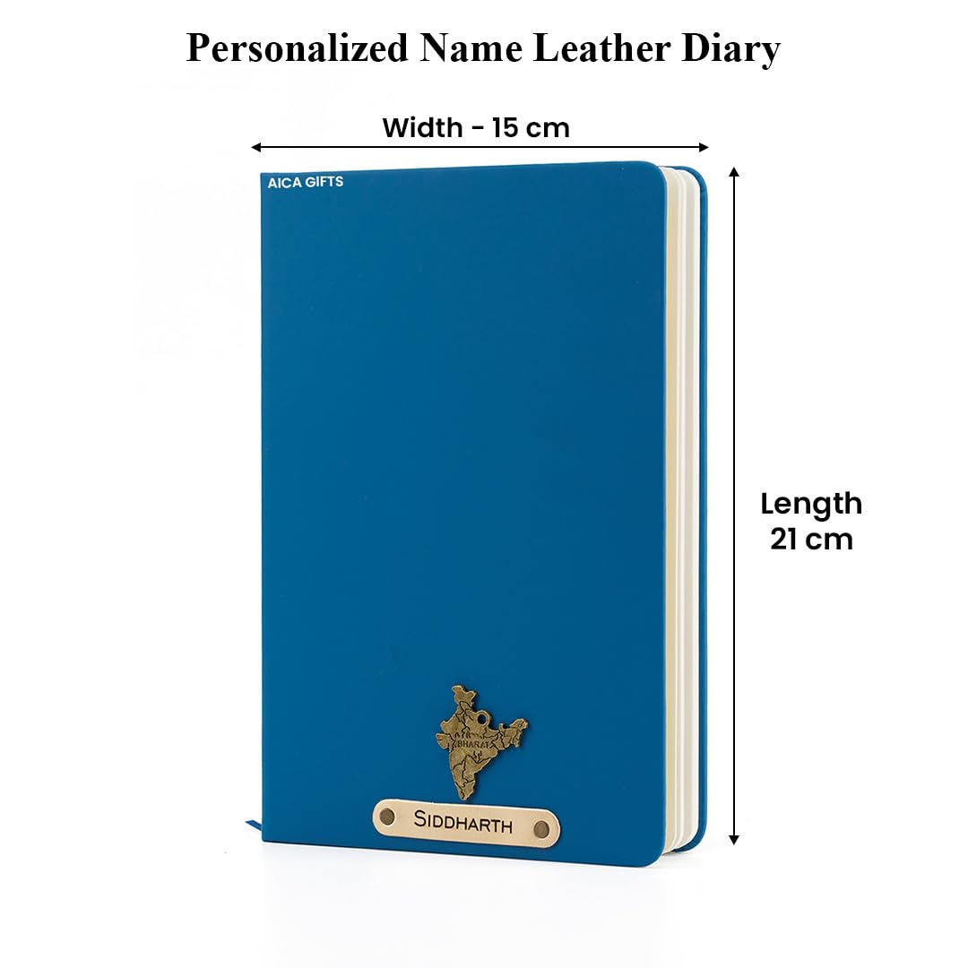 AICA Personalized Name & Charm Leather Notebook Diary -A5 Size, 180 Ruled Pages All