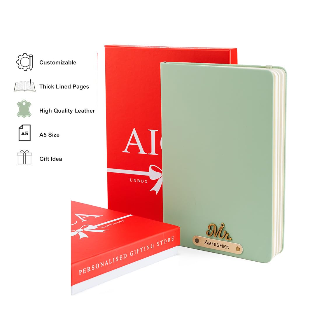 AICA Personalized Name & Charm Leather Notebook Diary -A5 Size, 180 Ruled Pages All