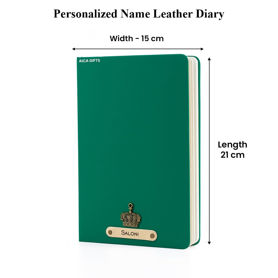 AICA Personalized Name & Charm Leather Notebook Diary -A5 Size, 180 Ruled Pages All