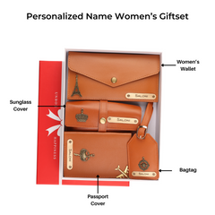 AICA Personalized Name & Charm Leather Wallet Womens Combo Giftset (TanBrown)