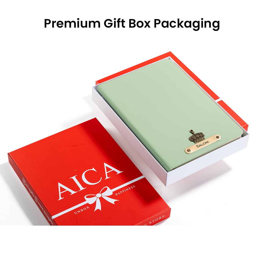 AICA Personalized Name & Charm Leather Notebook Diary -A5 Size, 180 Ruled Pages All