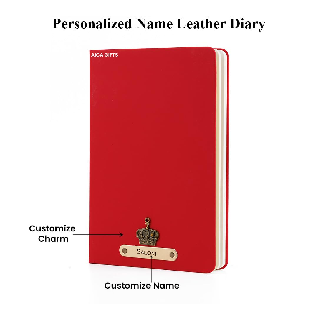 AICA Personalized Name & Charm Leather Notebook Diary -A5 Size, 180 Ruled Pages All