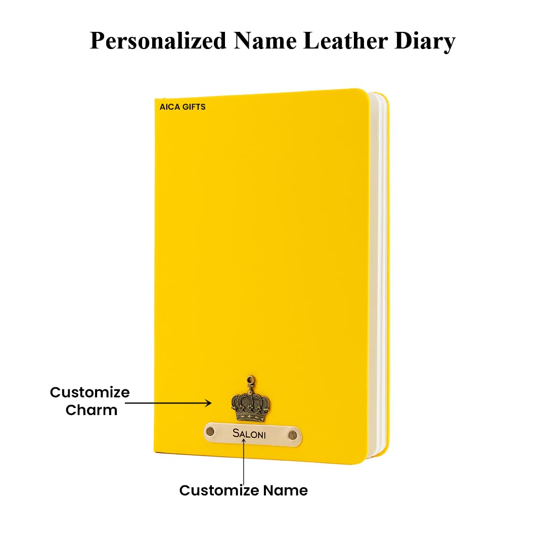 AICA Personalized Name & Charm Leather Notebook Diary -A5 Size, 180 Ruled Pages All