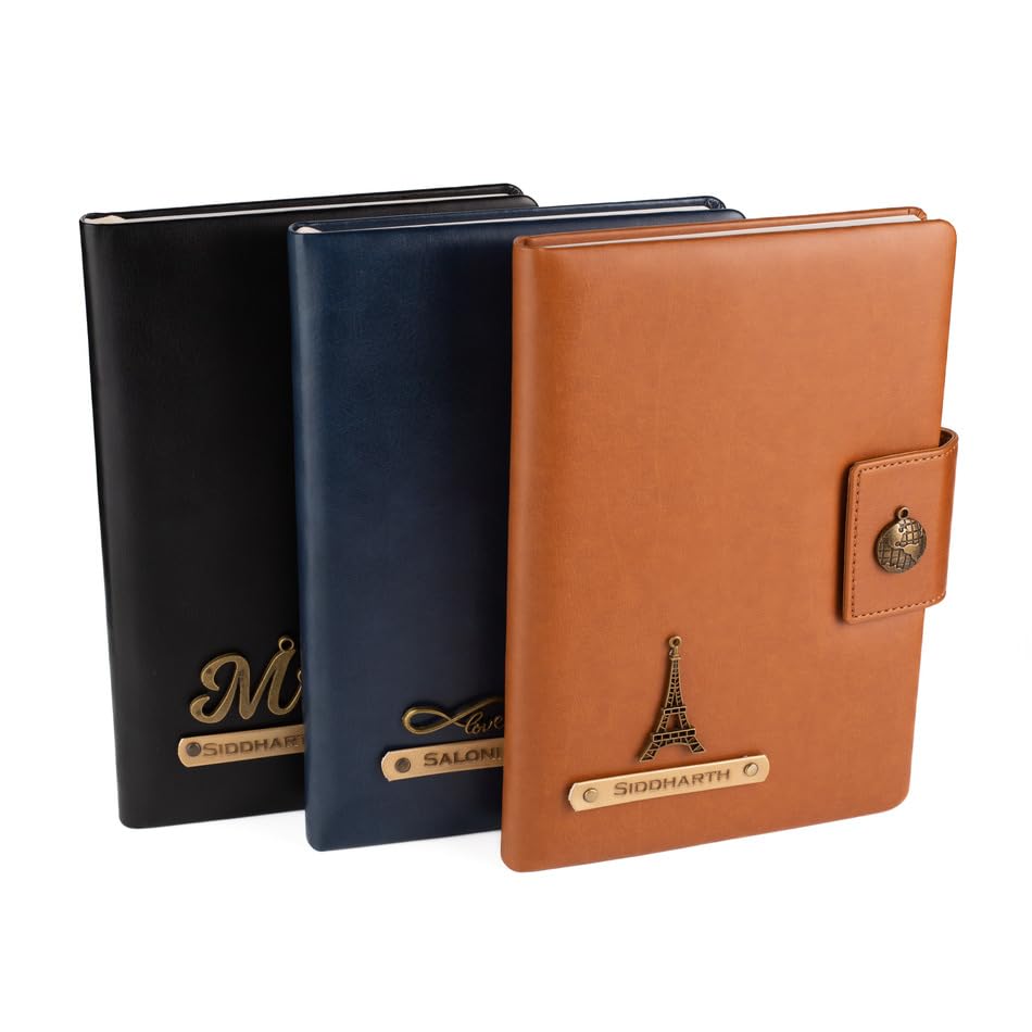 AICA Personalized Name & Charm Leather Notebook Diary -A5 Size, 200 Ruled Pages (Black)|Customized Christmas Secret Santa Daily Journal Diaries Diary Gifts for Men Women Friends Family Office Staff