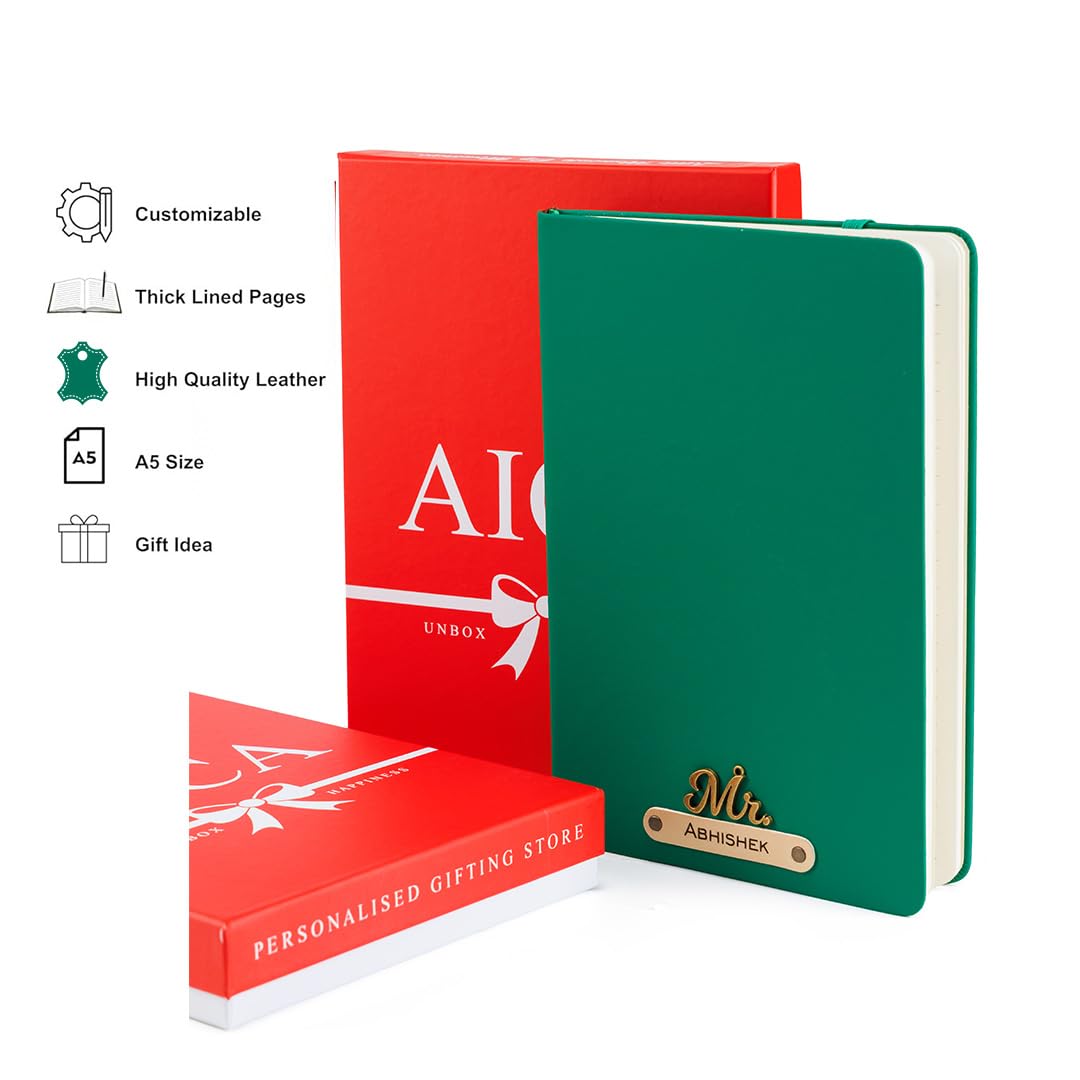 AICA Personalized Name & Charm Leather Notebook Diary -A5 Size, 180 Ruled Pages All